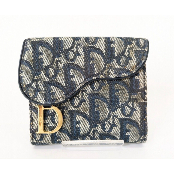 Authentic Christian Dior Saddle Trotter Canvas Navy Leather Bifold Wallet - Picture 1 of 7